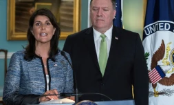 L'ambassadrice des Etats-Unis à l'ONU Nikki Haley et le secrétaire d'Etat américain Mike Pompeo à Washington le 19 juin 2018