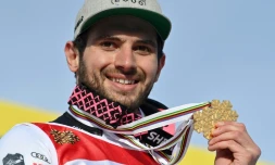 Mathieu Faivre champion du monde du géant, à Cortina d'Ampezzo en Italie, le 19 février 2021