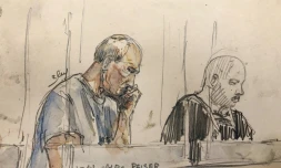 Croquis d'audience montrant Jean-Marc Reiser le 20 juin 2023 Ă Colmar au premier jour de son procĂšs en appel pour l'assassinat de Sophie Le Tan