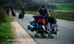 Un homme transporte dans une poussette son fils et des affaires personnelles sur une route prÚs de la frontiÚre entre la GrÚce et la Macédoine, le 8 mars 2016