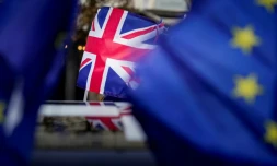 Le drapeau du Royaume-Uni, le 30 janvier 2020, lors d'une manifestation contre le Brexit prÚs du parlement européen à Bruxelles