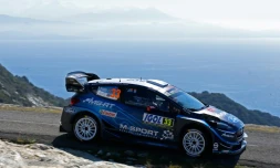 Le Britannique Elfyn Evans au volant de sa Ford lors de la 2e journée du Tour de Corse, le 30 mars 2019 à Canari