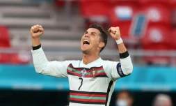 La joie de l'attaquant portugais Cristiano Ronaldo, auteur d'un doublé contre la Hongrie, lors de leur match (groupe F) de l&rsquo;Euro 2020, le 15 juin 2021 à Budapest