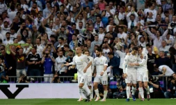 La joie des joueurs du Real Madrid, vainqueurs de Manchester City en demi-finale retour de la Ligue des champions, le 4 mai 2016 à Santiago-Bernabeu