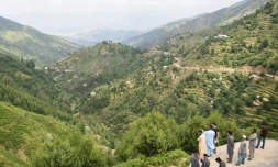 Des responsables forestiers regardent la progression des arbres plantés autour d'Heroshah, dans la vallée du Swat, le 17 mai 2018 au Pakistan