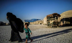 Un Syrienne et son enfant, qui ont fui  Raqa et sa région, marchent dans un camp de déplacés à Aïn Issa en Syrie, le 11 juillet 2017