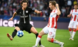 Le milieu de terrain du PSG Adrien Rabiot (g) lors d'un match face à l'Etoile Rouge de Belgrade, le 3 octobre 2018 au Parc des Princes