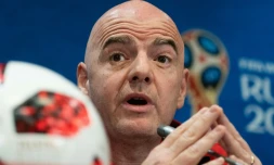 Le président de la Fifa Gianni Infantino en conférence de presse, le 13 juillet 2018 à Moscou