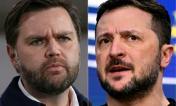 Le vice-président américain J.D. Vance (à gauche) dans l'Ohio le 3 février 2025 et le président ukrainien Volodomyr Zelensky (à droite) à Bruxelles le 19 décembre 2024