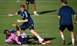 Les joueurs lyonnais préparent leur demi-finale contre le Bayern Munich lors d'une séance d'entraßnement à Lisbonne, le 18 août 2020