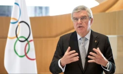 Le président du Comité international olympique donne une vidéoconférence depuis le siège de l'instance, le 25 mars 2020 à Lausanne