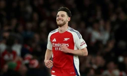 Declan Rice double buteur sur coup franc pour Arsenal lors de la victoire 3-0 face au Real Madrid en quart de finale aller de la Ligue des champions, le 8 avril 2025 à Londres