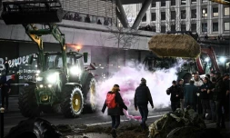 Des agriculteurs déversent du fumier lors d'une manifestation devant la préfecture de la Gironde à Bordeaux, le 25 janvier 2024