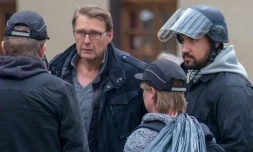 Le commissaire Philippe Mizerski (2eG) et Alexandre Benalla (D) à Paris le 1er mai 2018