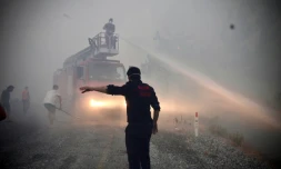 Des pompiers et des volontaires locaux combattent un feu de forêt à Akcakoca (Turquie), dans la région touristique de Mugla, le 6 août 2021