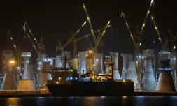 Les fondations pour le futur parc d'éoliennes de Fécamp lors de leur construction, le 18 février 2022 à Le Havre