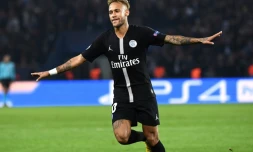 La joie de l'attaquant du PSG Neymar, auteur d'un triplé contre l'Etoile Rouge de Belgrade en C1 au Parc des Princes, le 3 octobre 2018 