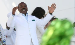 Le président gabonais Ali Bongo Ondimba dans le stade Nzang Ayong de Libreville, le 10 juillet 2023