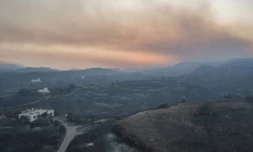 Vue aérienne d'une zone ravagée par le feu sur l'ßle de Rhodes, en GrÚce, le 26 juillet 2023