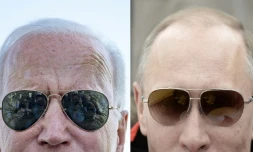 Le président américain Joe Biden (à gauche) en mai 2021 à Washington, et son homologue russe Vladimir Poutine en mars 2014 aux Jeux paralympiques d'hiver de Sotchi