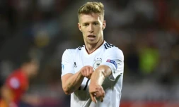 L'attaquant de l'Allemagne Mitchell Weiser auteur de l'unique but du match face à l'Espagne en finale du championnat d'Europe Espoirs de football, le 30 juin 2017 à Cracovie