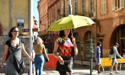 Une femme se protÚge du soleil pendant qu'elle se promÚne à Toulouse le 23 août 2016