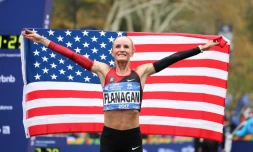 L'Américaine Shalane Flanagan exulte après sa victoire au marathon de New york, le 5 novembre 2017
