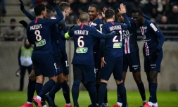 La joie des joueurs du PSG, qualifiés pour la finale de la Coupe de la Ligue après avoir battu Reims, le 22 janvier 2020 au stade Auguste Delaune