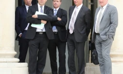 Geoffroy Roux de Bezieux (Medef), Laurent Berger (CFDT), Francois Asselin (CPME), Alain Griset (U2P)et François Hommeril (CFE-CGC) quittent le palais de l'Elysée le 17 juillet 2018, après une rencontre avec Emmanuel Macron
