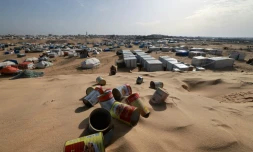 Des boßtes de conserve vides jonchent une dune de sable surplombant un camp de personnes déplacées à Rafah, dans le sud de la bande de Gaza, le 17 mars 2024