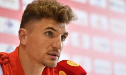 Le défenseur belge Thomas Meunier en conférence de presse le 21 juin 2018 à Dedovsk, près de Moscou 