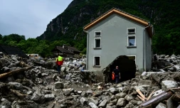 Un glissement de terrain dans le hameau de Sorte, au sud de Lostallo,, dans le canton suisse des Grisons, le 23 juin 2024