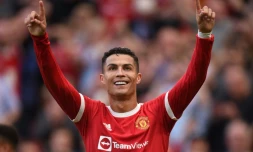 La joie de l'attaquant portugais de Manchester United, Cristiano Ronaldo, après avoir marqué son 2e but face à Newcastle, lors de leur match de Premier League, le 11 septembre 2021 au Stade d'Old Trafford