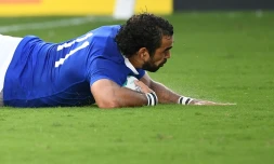 L'ailier Yoann Huget ouvre le score pour le XV de France en inscrivant un essai contre les Etats-Unis au Mondial de rugby, le 2 octobre 2019 Ă Fukuoka