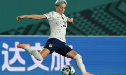 L'attaquante américaine Megan Rapinoe au Mondial-2023 en Australie et en Nouvelle-Zélande, lors du match du premier tour entre les Etats-Unis et le Portugal au Eden Park à Auckland le 1er aooût 2023