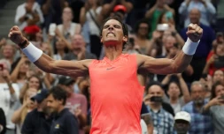 Rafael Nadal célèbre sa victoire contre Karen Khachanov au 3e tour de l'US Open, le 31 août 2018 à New York