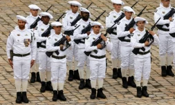 Des membres du 7e bataillon de chasseurs alpins dans la cour des Invalides le 29 septembre 2021 à Paris pour l'hommage national au caporal-chef français Maxime Blasco, tué en opération au Mali