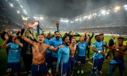 Les joueurs de l'OM fĂȘtent leur qualification pour la finale de l'Europa League, le 3 mai 2018 Ă Salzbourg