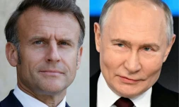 Emmanuel Macron (g) et Vladimir Poutine, sur un combo d'images diffusé le 1er juillet 2025