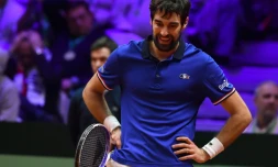 Le Français Jérémy Chardy lors du premier simple de la finale de Coupe Davis face à la Croatie, le 23 novembre 2018 à Villeneuve-d'Ascq