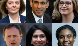 Photomontage réalisé le 12 juillet 2022 des six candidats encore en lice pour remplacer le Premier ministre britannique Boris Johnson (de G à D): Liz Truss, Rishi Sunak, Penny Mordaunt, Tom Tugendhat, Suella Braverman et Kemi Badenoch