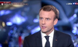 Photo de l'interview d'Emmanuel Macron à bord du Charles de Gaulle diffusée par TF1, le 14 novembre 2018 au large de Toulon