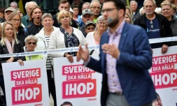 Le chef de file des Démocrates de Suède Jimmie Åkesson lors d'un meeting à Landskrona le 31 août 2018