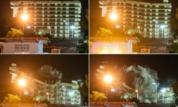 Explosion contrôlée de l'immeuble Champlain South tower, à Surfside près de Miami, le 4 juillet 2021