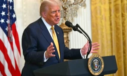 Le président américain Donald Trump prononce un discours lors d'une réception avec des membres républicains du Congrès à la Maison Blanche à Washington, le 22 juillet 2025