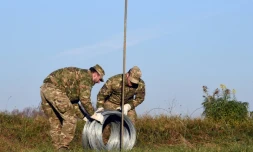 Des soldats slovènes posent des barbelés à la frontière avec la Croatie à Sela pri Dobovi près de Brezic en Slovénie, le 11 novembre 2015