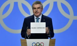 Le président du CIO Thomas Bach lors de l'annonce de l'attribution des JO d'hiver 2026 à Milan/Cortina d'Ampezzo le 24 juin 2019