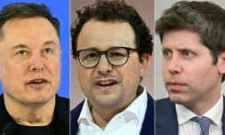 Montage photo montrant (de gauche à droite) Elon Musk à Davos, en Suisse, le 22 janvier 2026, Dario Amodei, patron d'Anthropic, à Paris le 22 mai 2024, et Sam Altman, patron d'OpenAI, à Washington, le 22 juillet 2025