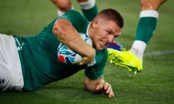 L'ailier Andrew Conway inscrit une ssai lors du match face Ă l'Ecosse Ă Yokohama lors du Mondial le 22 septembre 2019