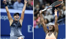 Les Américaines Madison Keys (gauche) et Sloane Stephens célèbrent leur victoire le 7 septembre 2017 en demi-finale de l'US Open